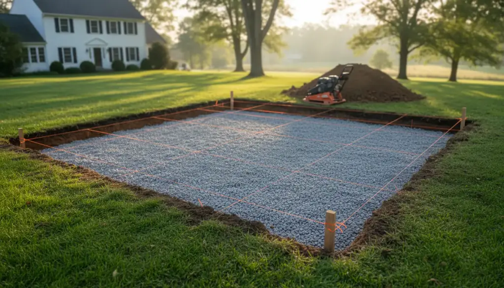A backyard patio dig with a compacted crushed-stone base, grade stakes and orange string lines, a plate compactor beside the spoil pile